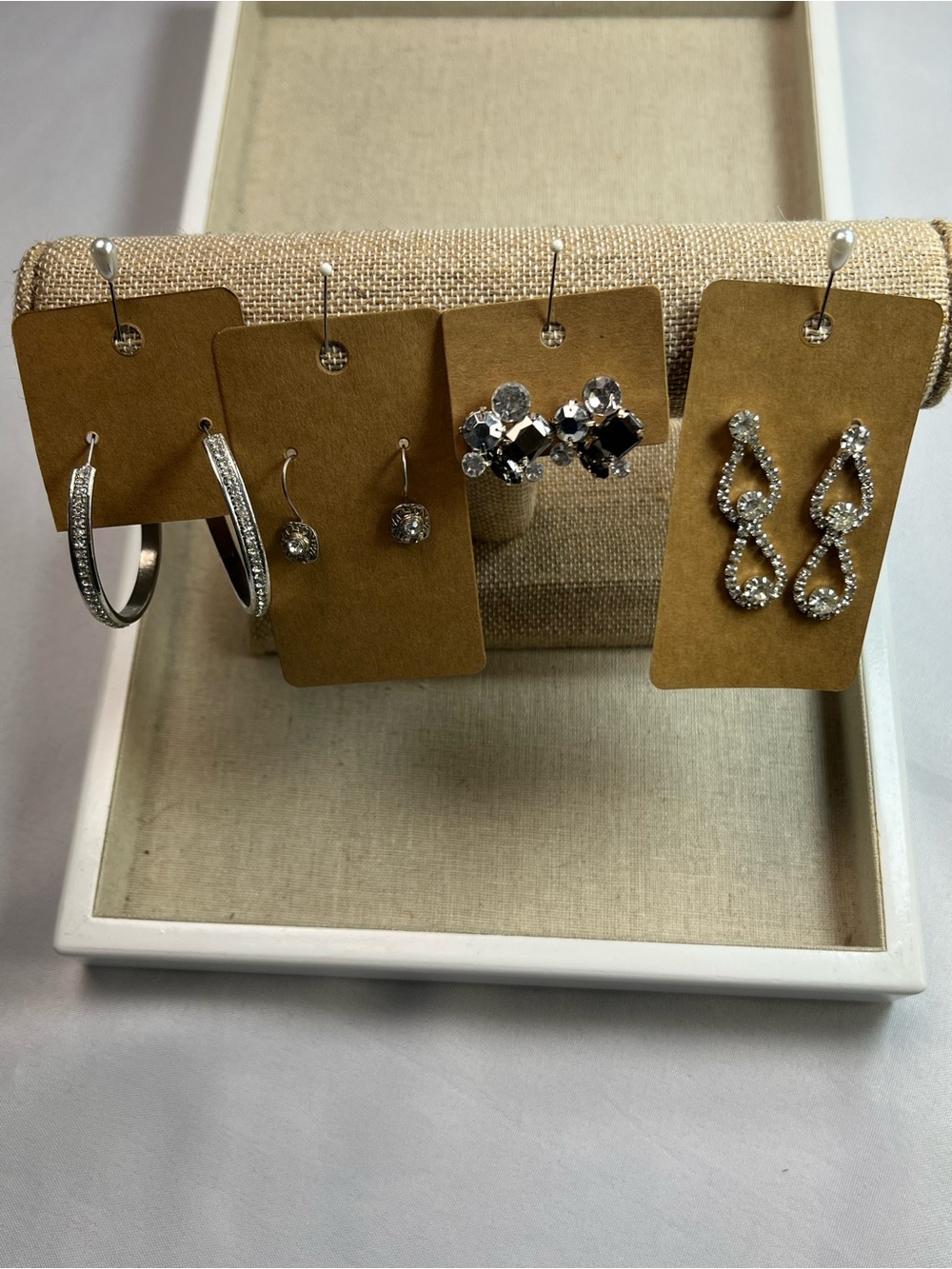 Bundle of Four Pairs Silver Tone Rhinestone Earrings